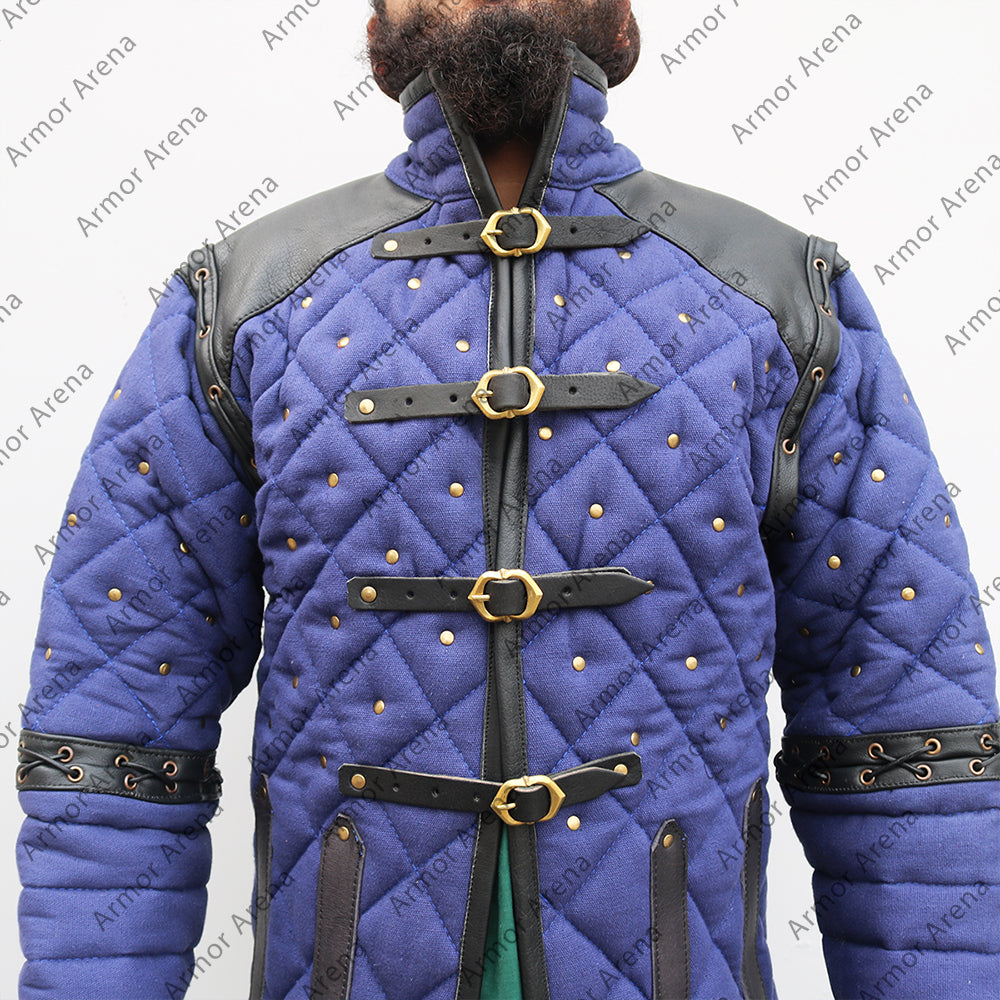 Medieval Viking Padded Gambeson With Leather Trim