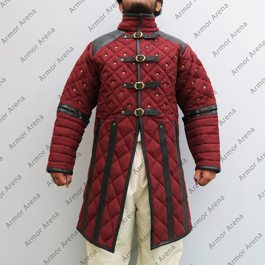 Medieval Viking Padded Gambeson With Leather Trim